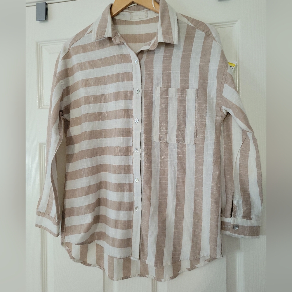 Altar'd State Women Mixed Stripe Pattern Buttondown Chest Pocket 3/4 Sleeve Top